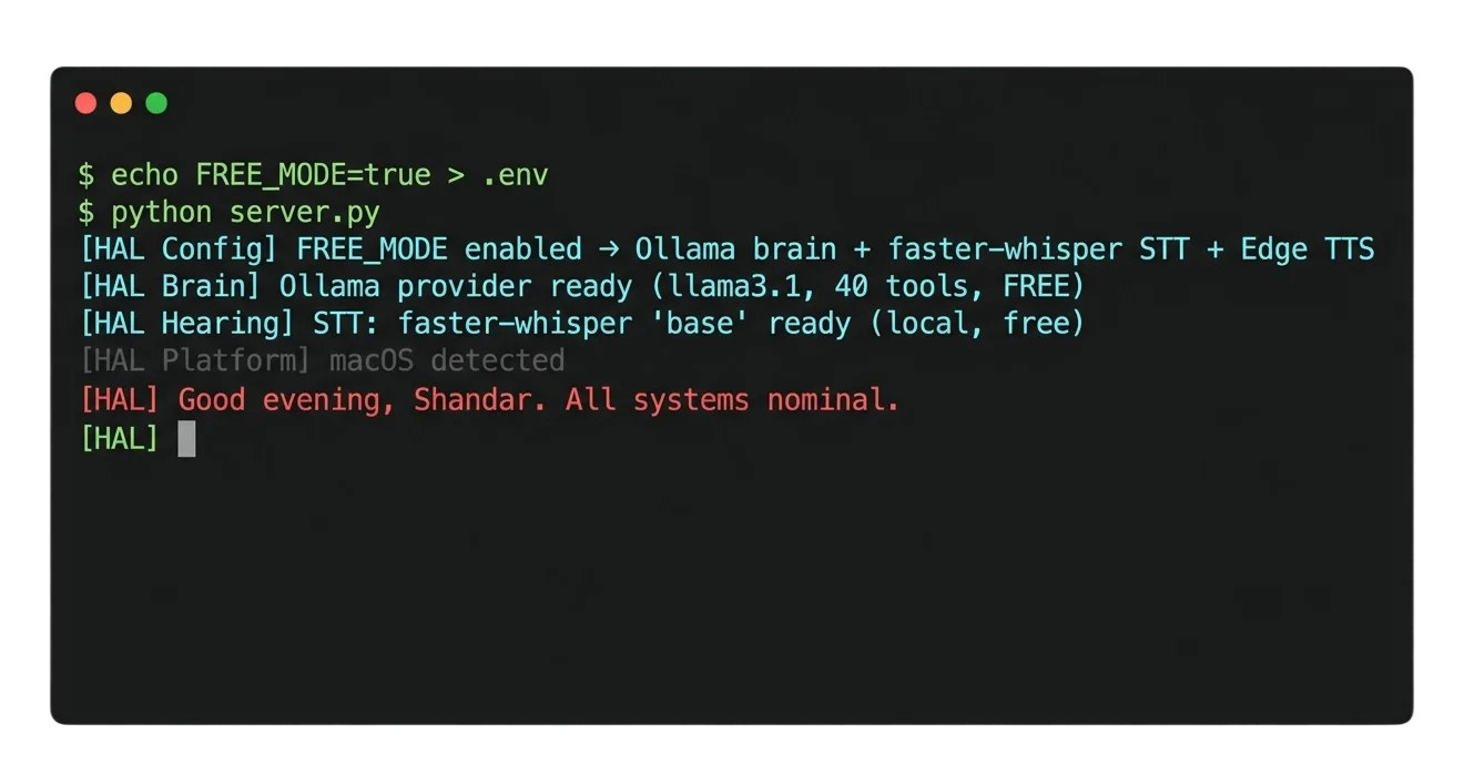 HAL 9000 Free Mode — Ollama brain, faster-whisper STT, Edge TTS, zero API keys