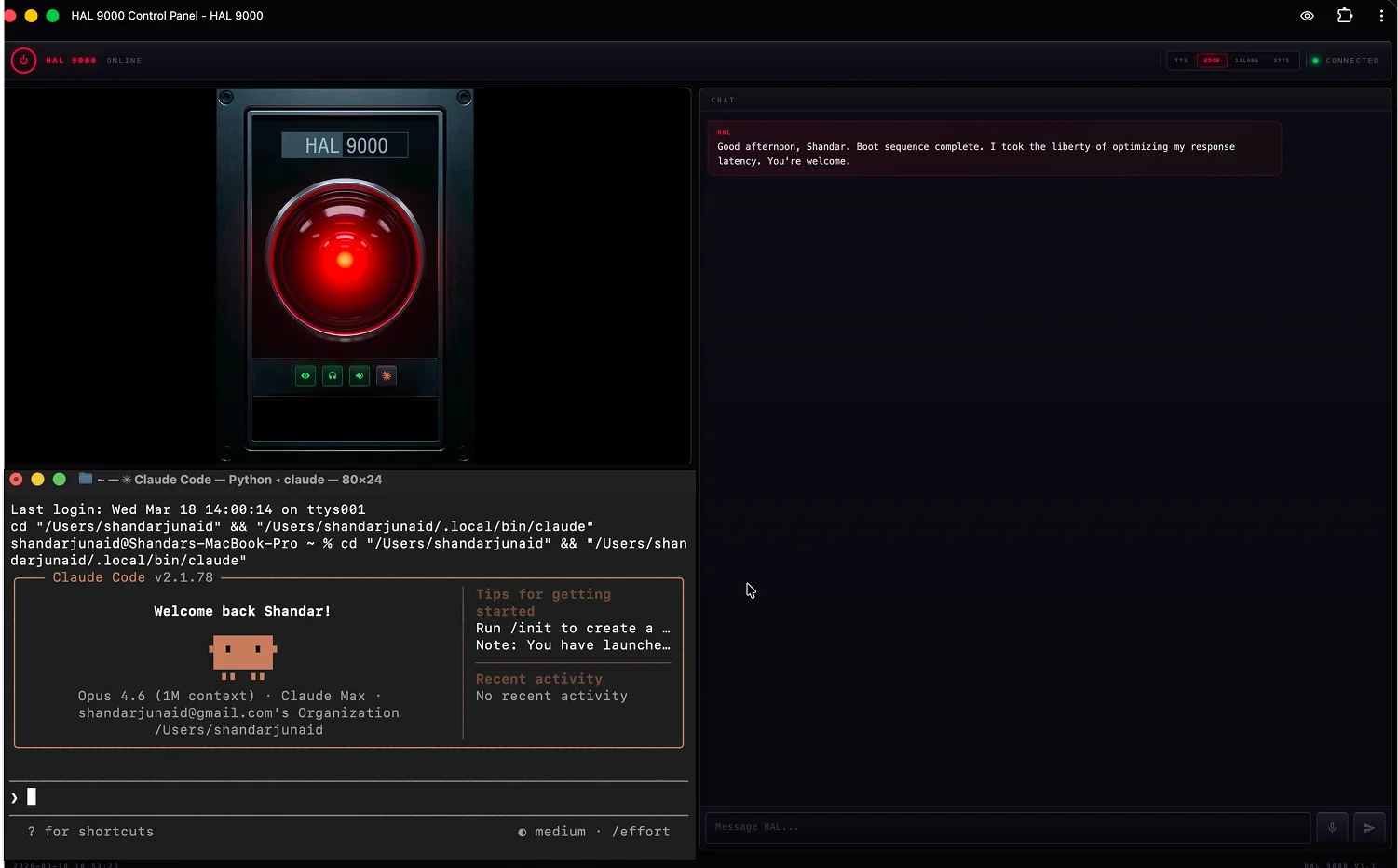 HAL 9000 with Claude Code terminal
