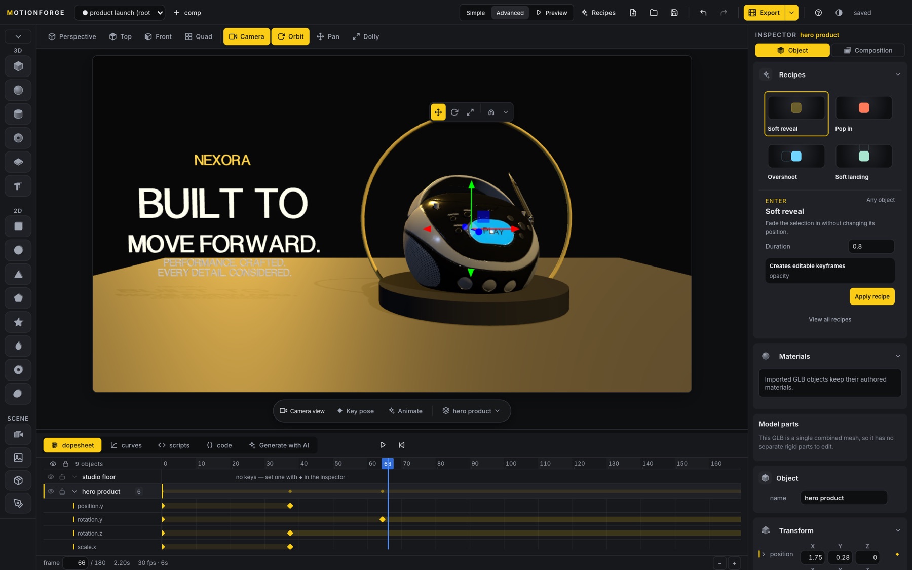 The MotionForge editor with a product scene, its timeline and inspector