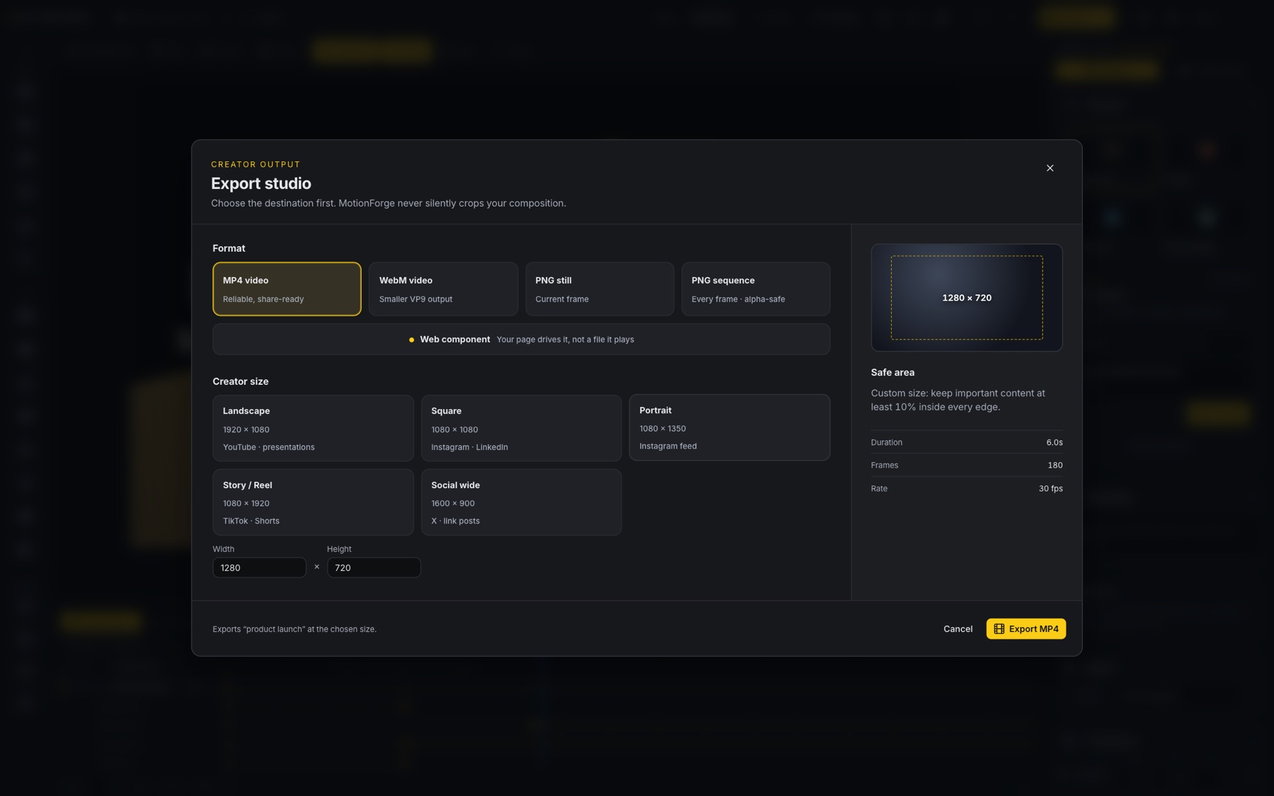 The export studio with formats and creator sizes