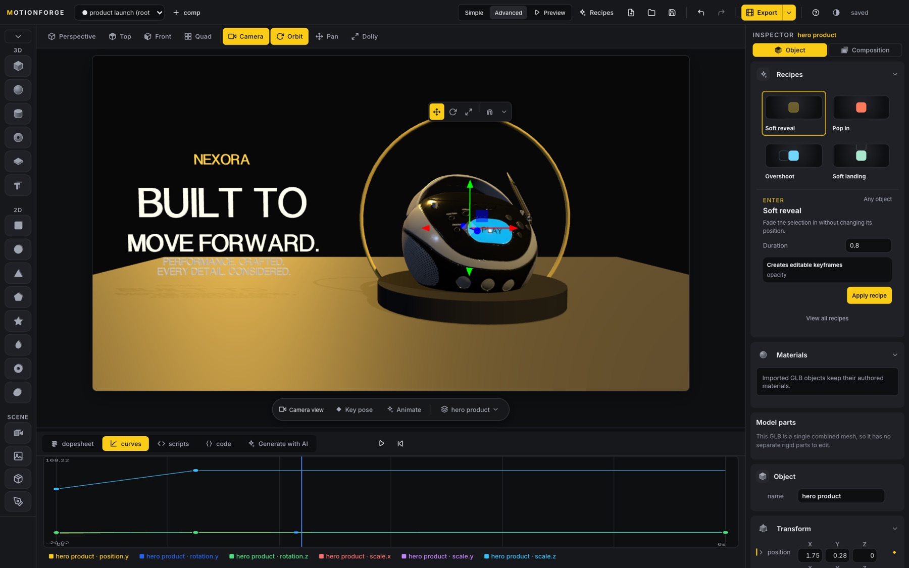 The graph editor with easing curves