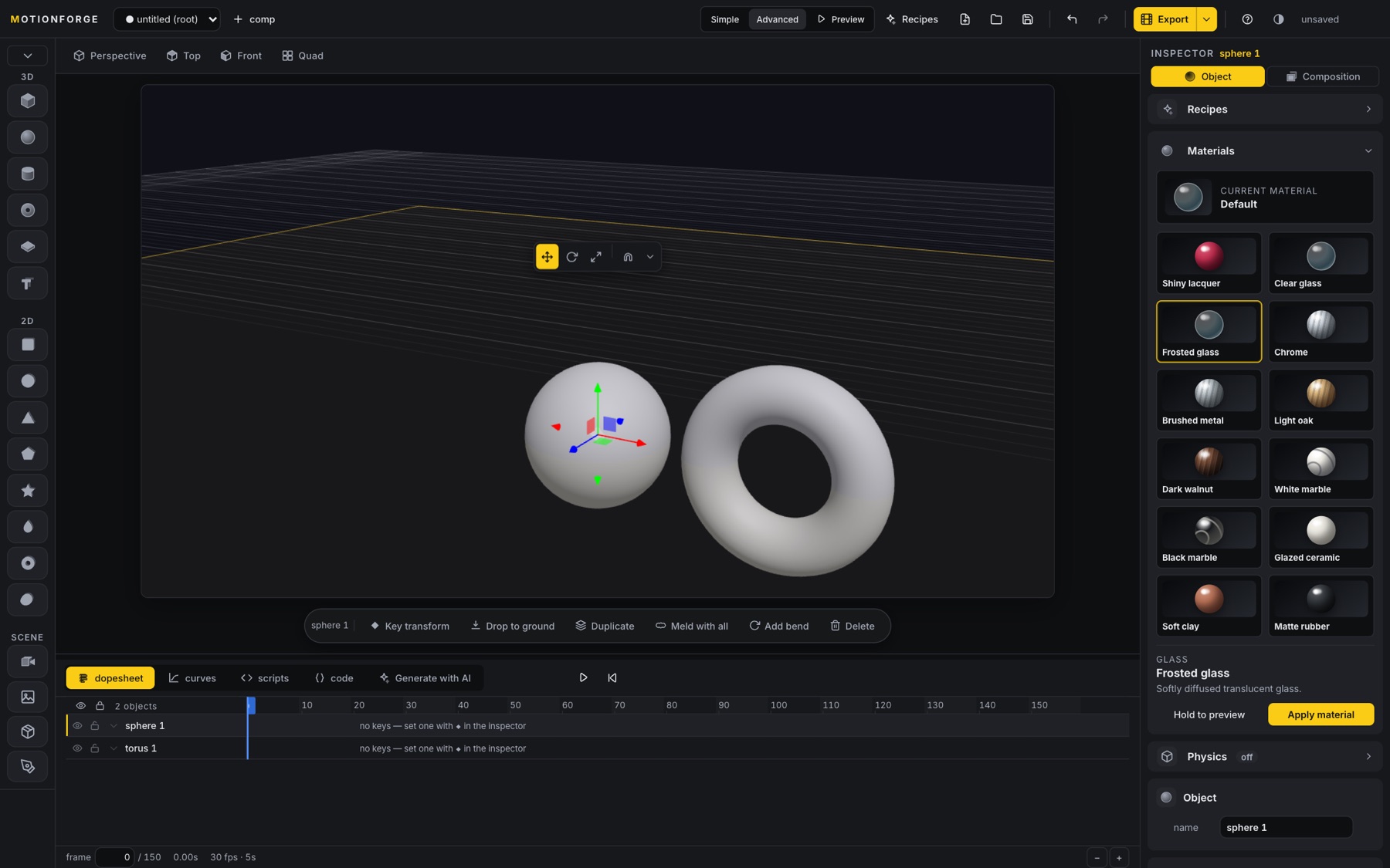 The inspector showing curated materials on a sphere