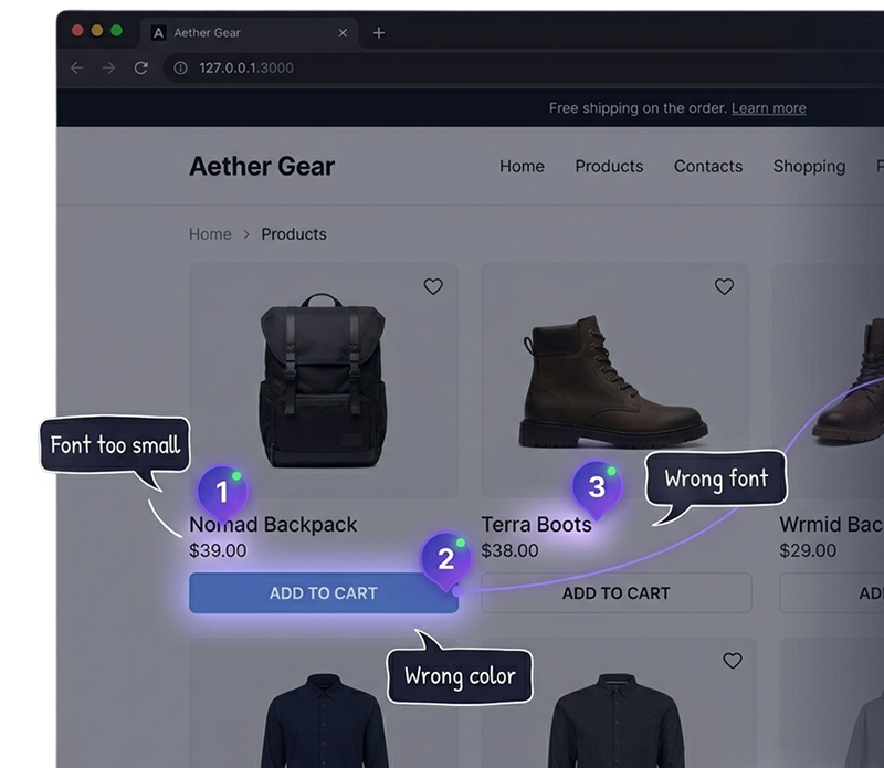 VibeLens annotation pins on a web page with numbered markers and notes