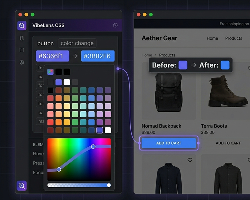 VibeLens CSS editing with color picker showing before and after comparison