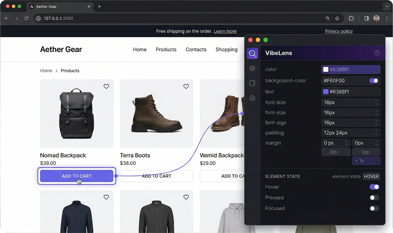 VibeLens inspector panel overlaid on a web page, showing CSS editing with color picker and state forcing