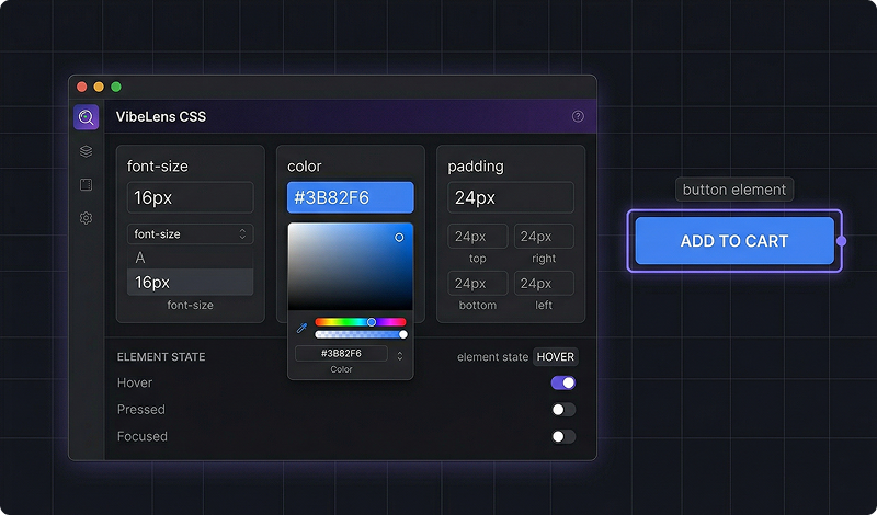 VibeLens inspector showing CSS properties with color picker and layout details